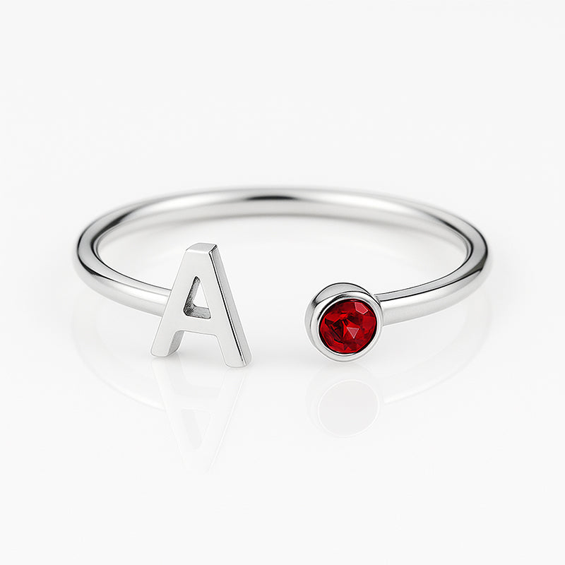 Silver Birthstone Ring with Initial