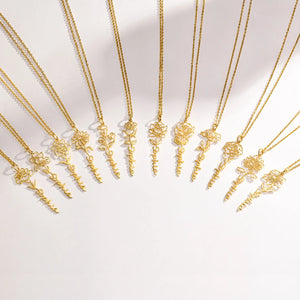 Birth Flower Name Necklaces in gold for all twelve months