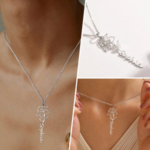 Birth Flower Name Necklace worn in silver