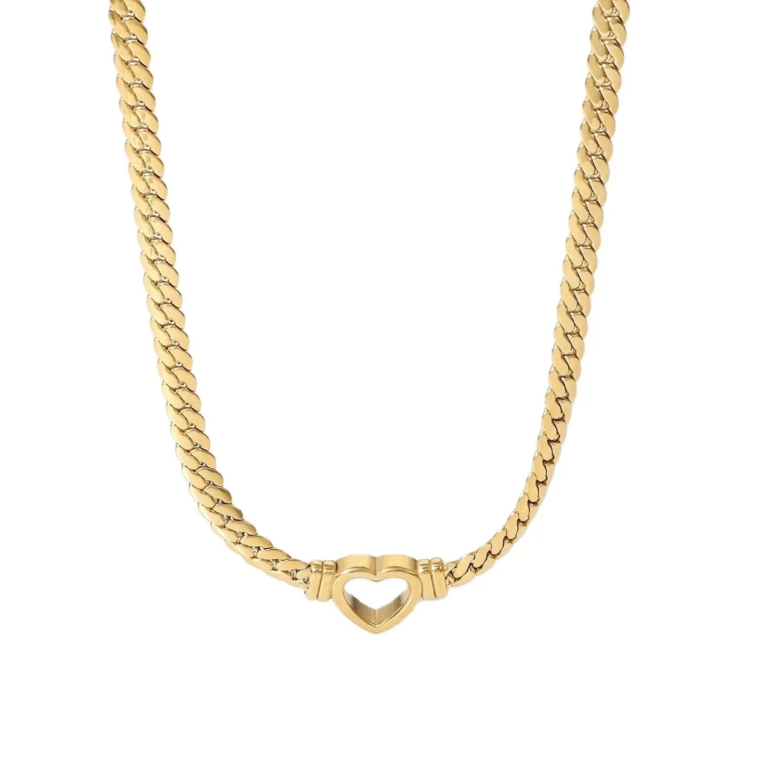 Cuban Chain Necklace with Heart Link 14K Gold