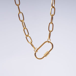 Gold carabiner necklace hanging against a light background