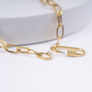 Close-up of the open screw-lock carabiner on a gold paperclip chain