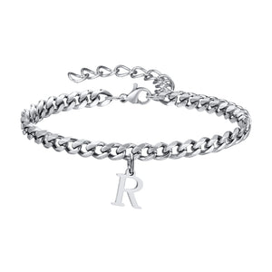 Silver Cuban link initial bracelet with the letter R