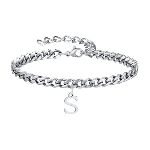 Silver Cuban link initial bracelet with the letter S