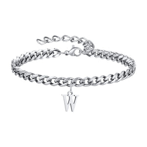 Silver Cuban link initial bracelet with the letter W