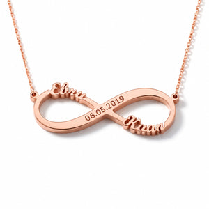 Rose gold infinite love necklace with two names and the date 06.05.2019