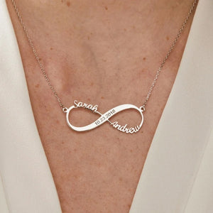 Silver infinite love necklace with the names Sarah and Andrew and a date