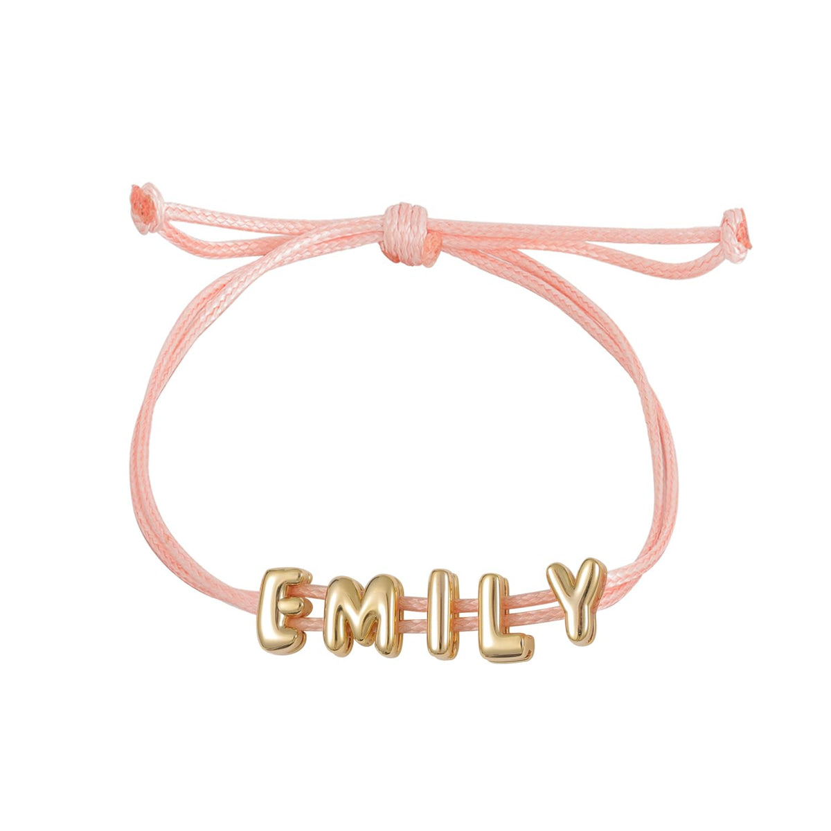 Pink cord bracelet with gold 3D bubble letters spelling Emily