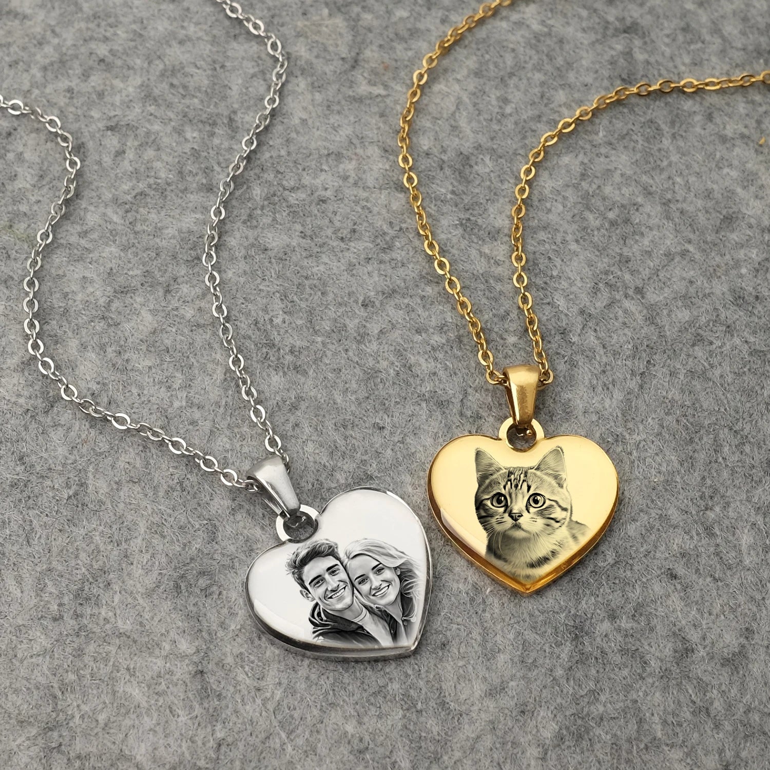 Engraved Photo Heart Necklace Chain Gold