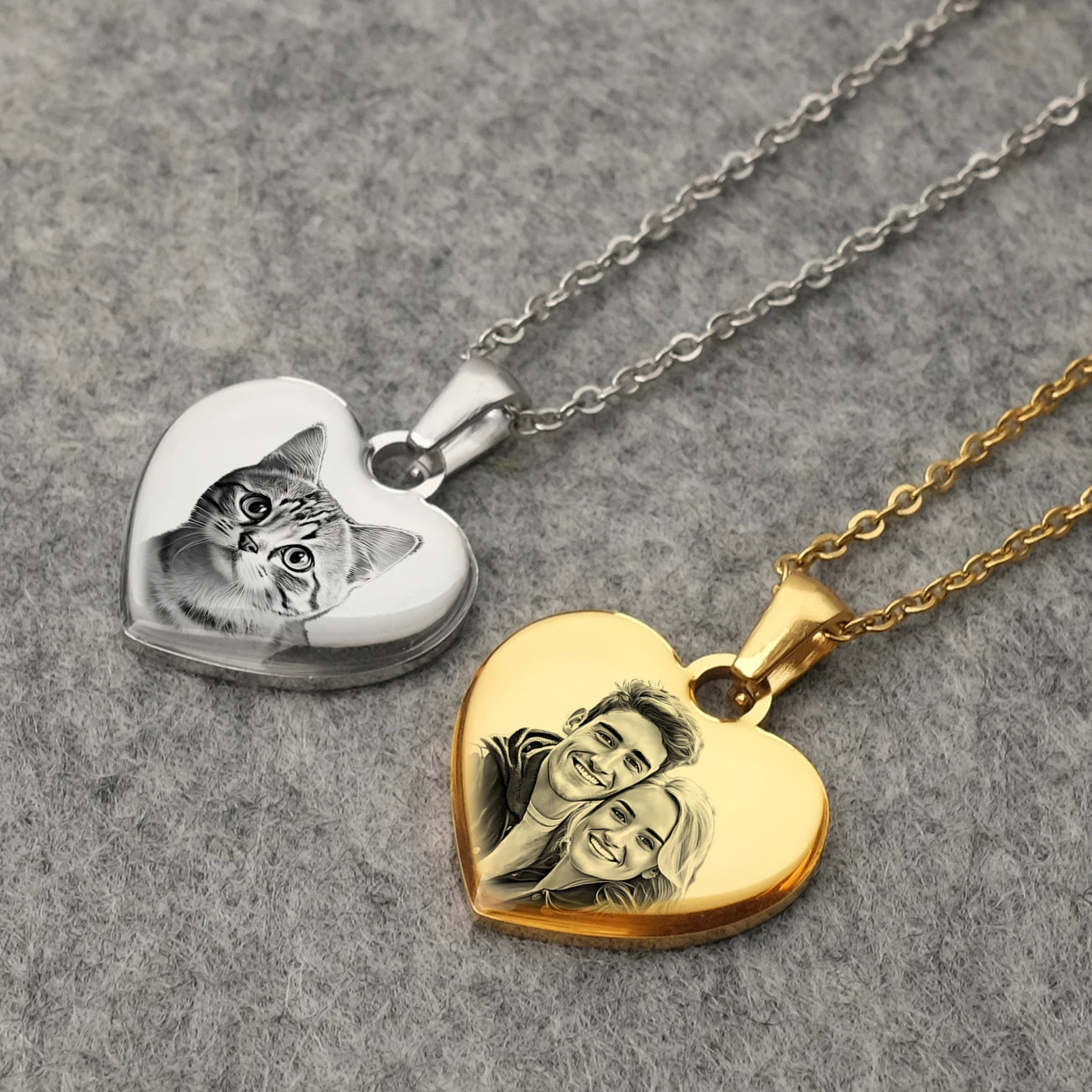 Engraved Photo Heart Necklace Chain Gold