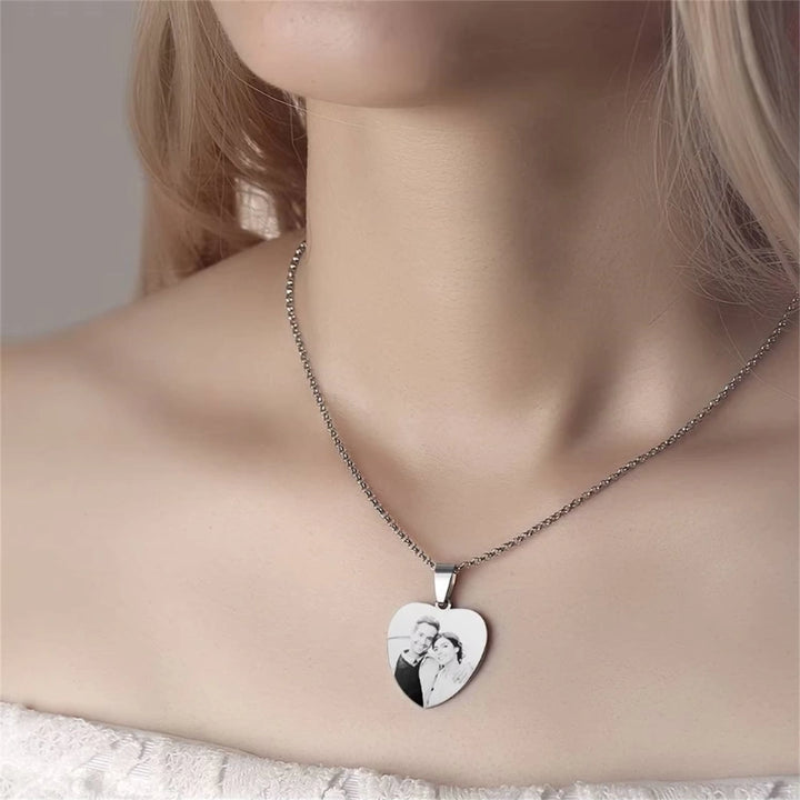Engraved Photo Heart Necklace Chain Silver