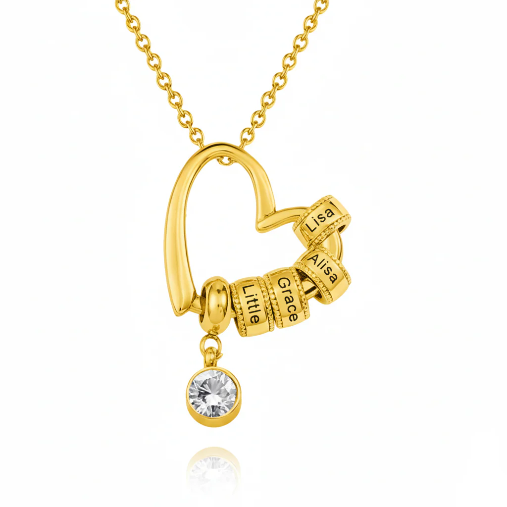 Hart Hanger Ketting met Gegraveerde Kralen & Geboortesteen Goud