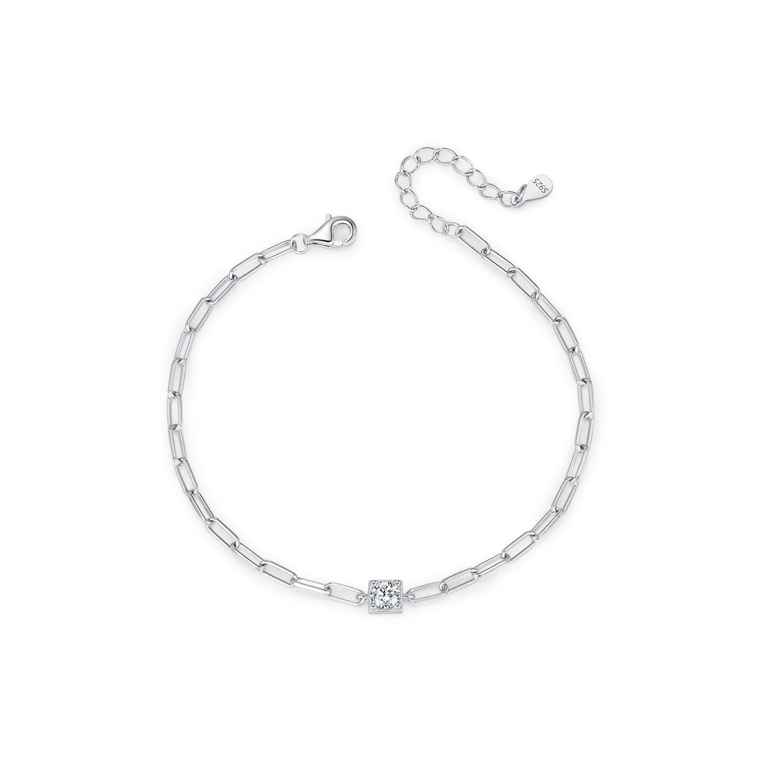 925 Sterling Silver Paperclip Chain Bracelet with Moissanite Stone