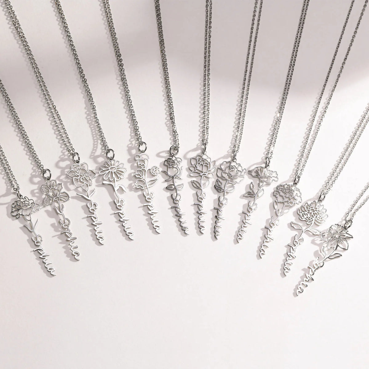 Birth Flower Name Necklaces in silver for all twelve months