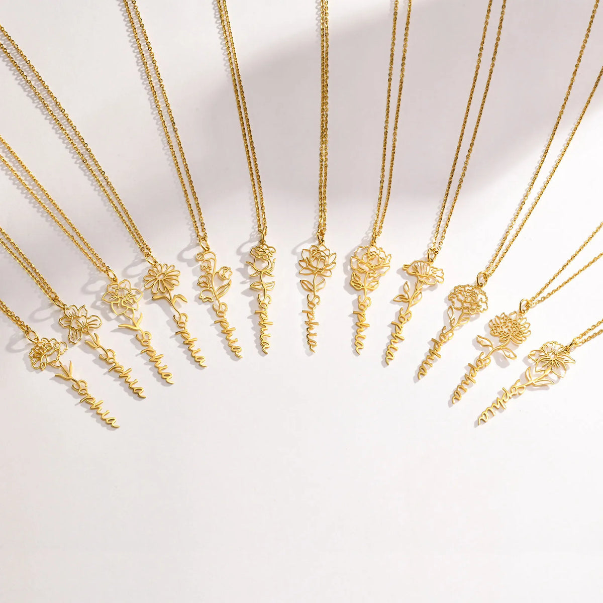 Birth Flower Name Necklaces in gold for all twelve months