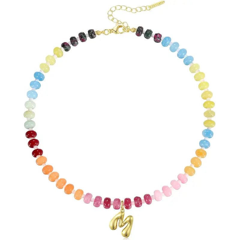 Kleurrijke Edelstenenketting Choker met Gouden Initiaal