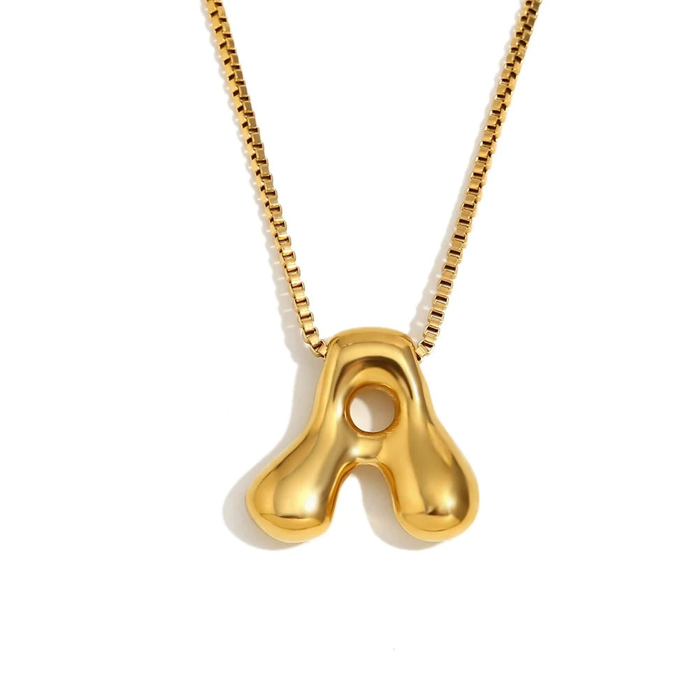 Gold Bold Bubble Initial Pendant Necklace with A Letter Pendant