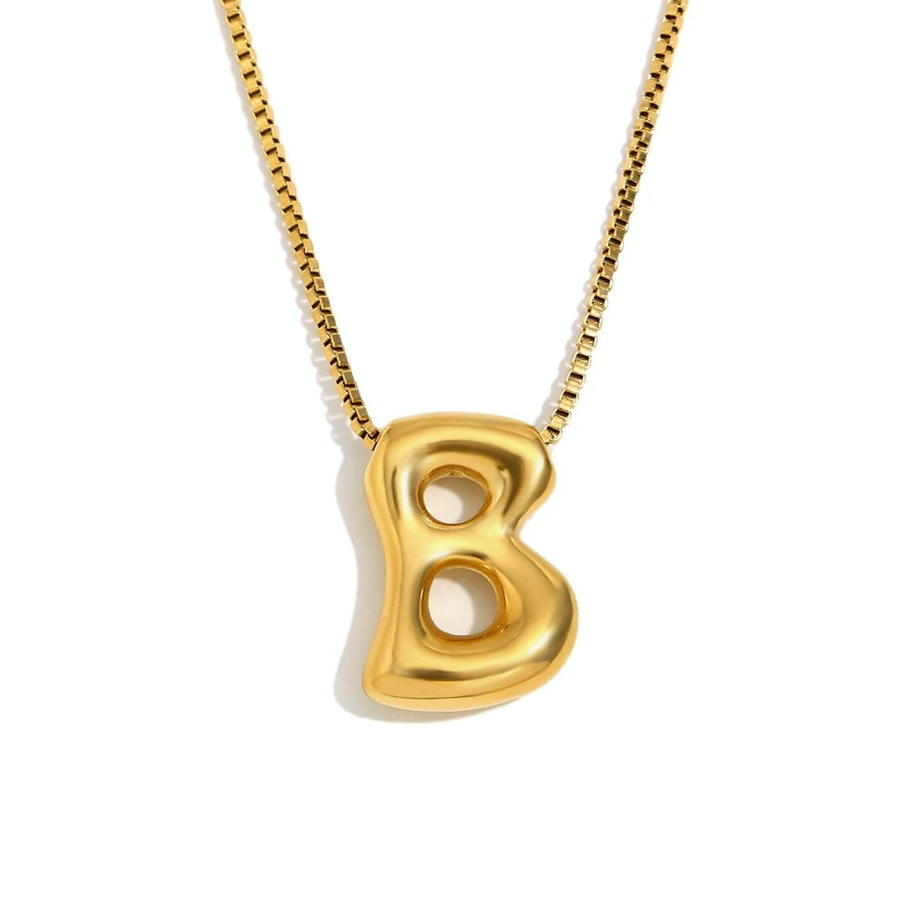 Gold Bold Bubble Initial Pendant Necklace with B Letter Pendant