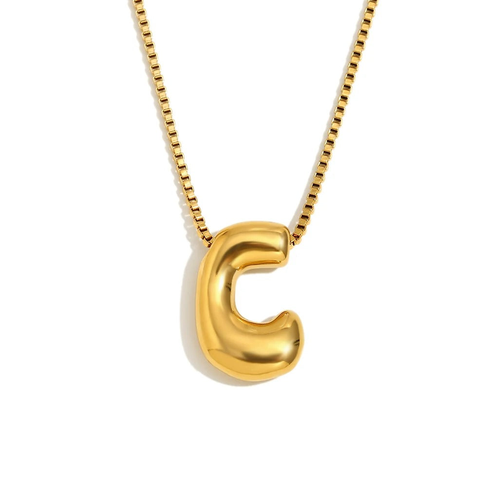 Gold Bold Bubble Initial Pendant Necklace with C Letter Pendant