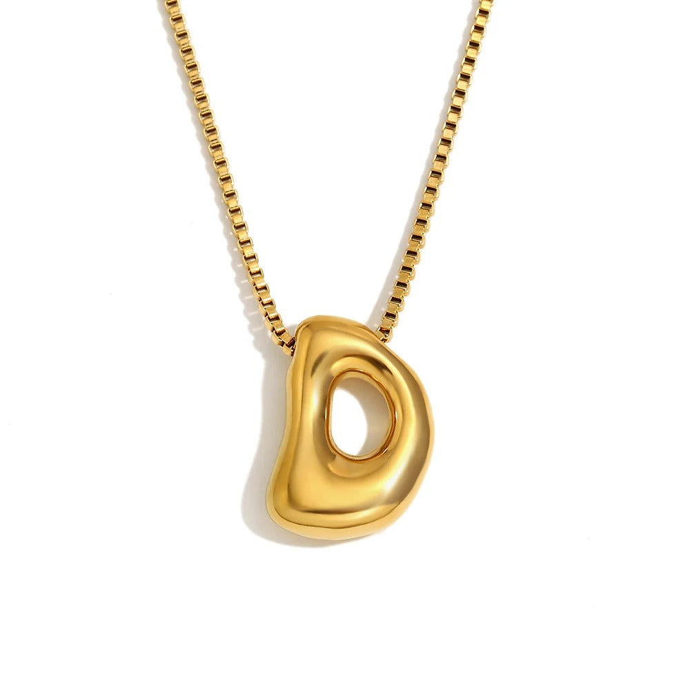 Gold Bold Bubble Initial Pendant Necklace with D Letter Pendant