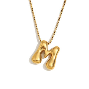 Gold Bold Bubble Initial Pendant Necklace with M Letter Pendant