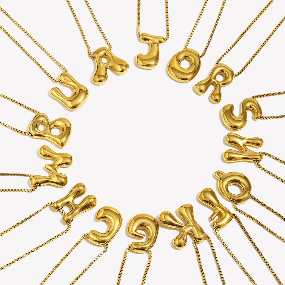 Bold Bubble Initial Pendant Necklace Gold multiple letter variants arranged in a circle