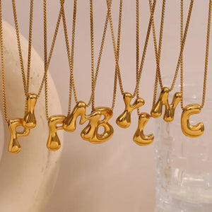 Bold Bubble Initial Pendant Necklace Gold multiple letter variants hanging together