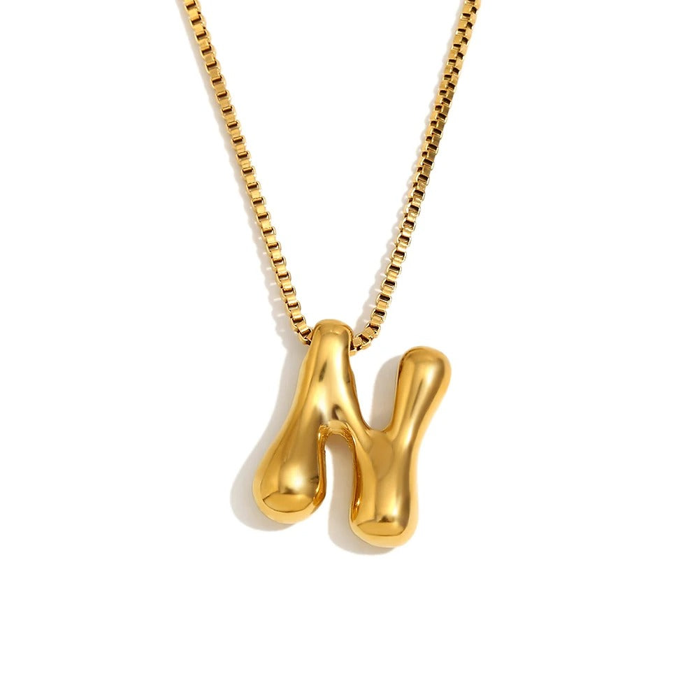 Gold Bold Bubble Initial Pendant Necklace with N Letter Pendant