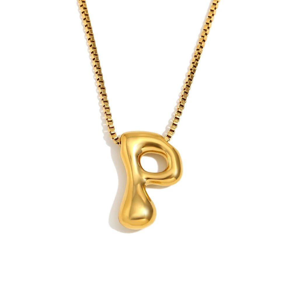 Gold Bold Bubble Initial Pendant Necklace with P Letter Pendant