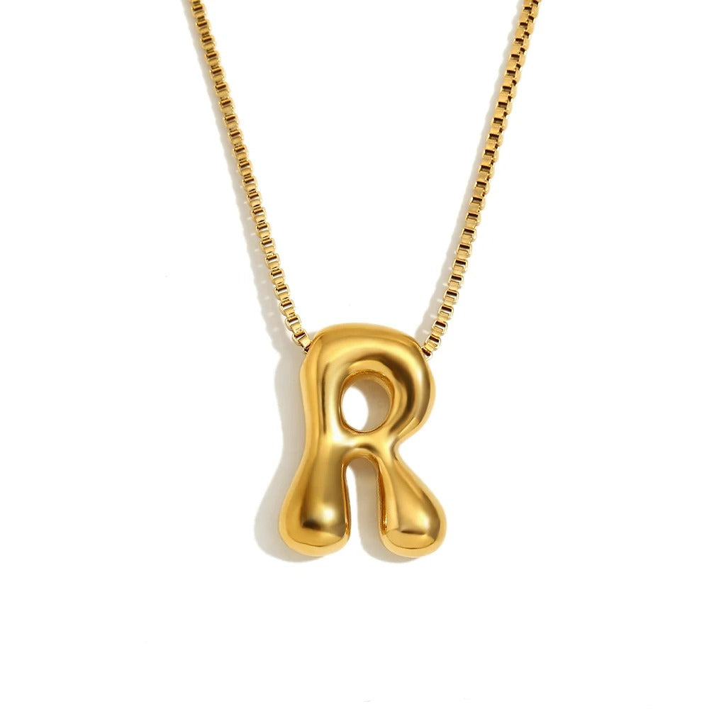 Gold Bold Bubble Initial Pendant Necklace with R Letter Pendant