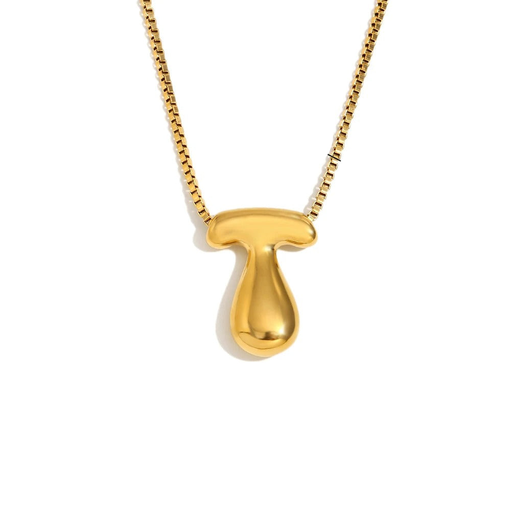 Gold Bold Bubble Initial Pendant Necklace with T Letter Pendant