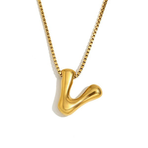Gold Bold Bubble Initial Pendant Necklace with V Letter Pendant