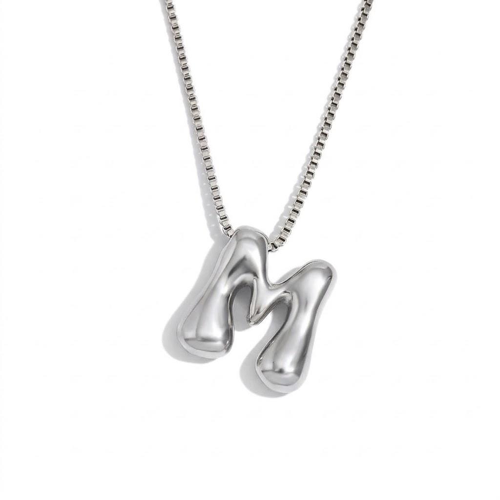 Silver Bold Bubble Initial Pendant Necklace with M Letter Pendant