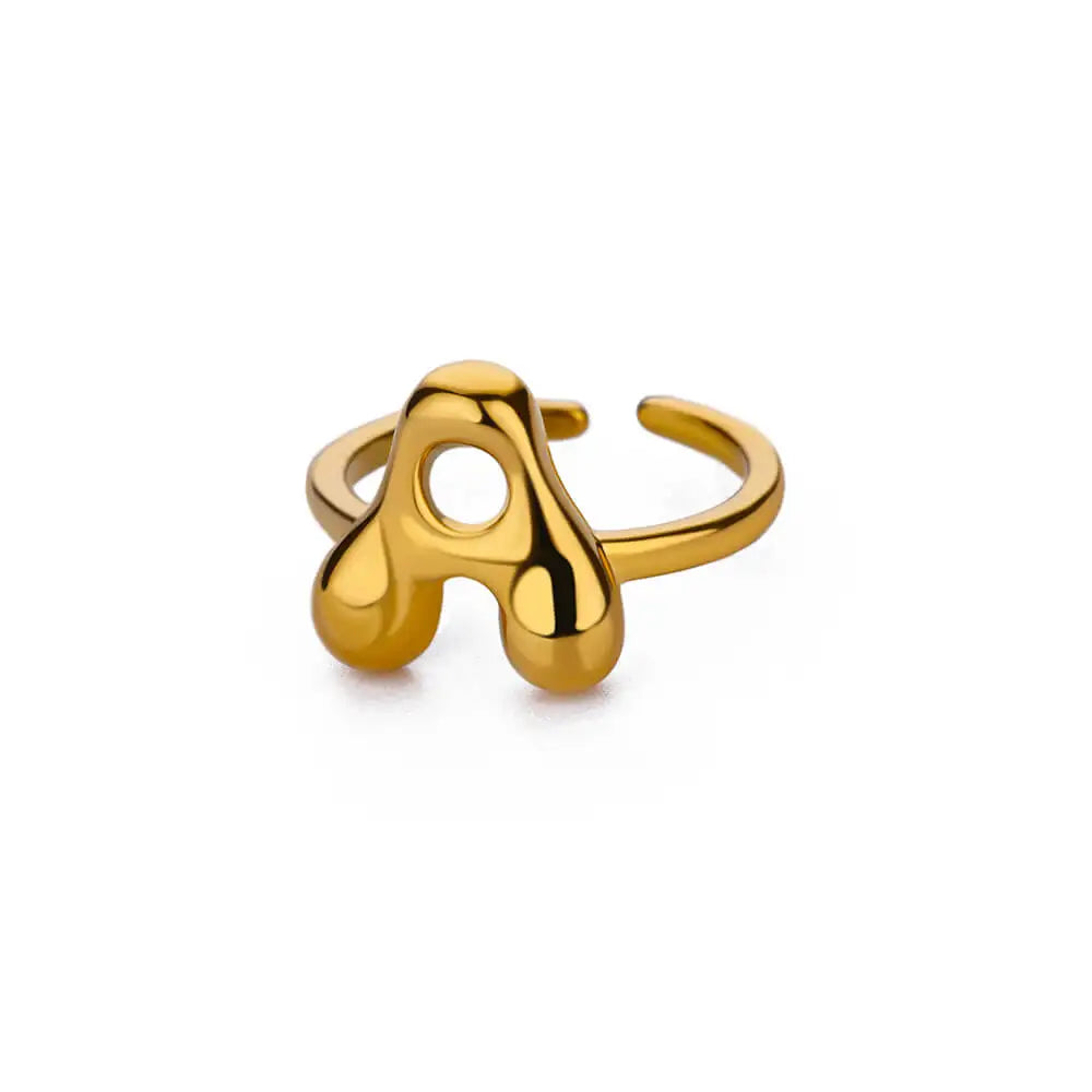 Gold bold bubble letter ring with the letter A