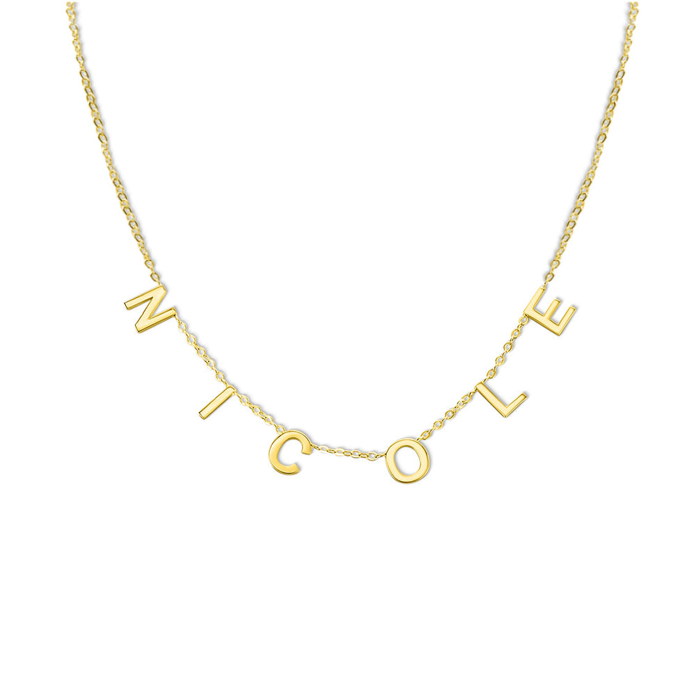 Gold bold charms name necklace with the letters N I C O L E