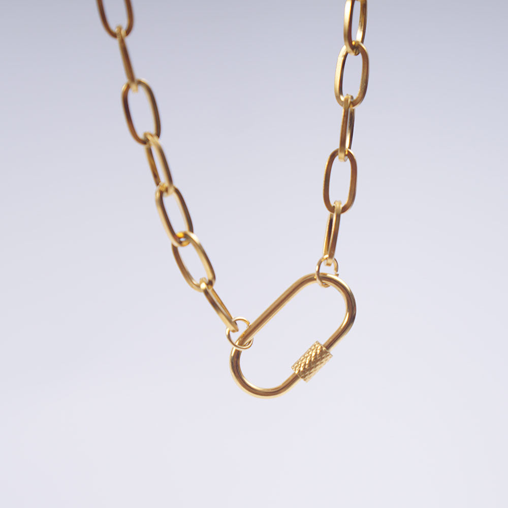 Gold carabiner necklace hanging against a light background