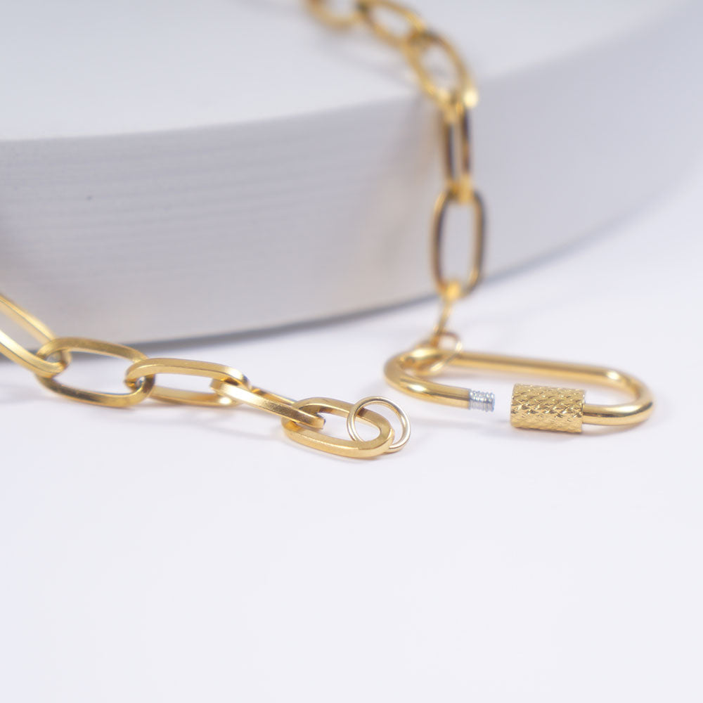 Close-up of the open screw-lock carabiner on a gold paperclip chain