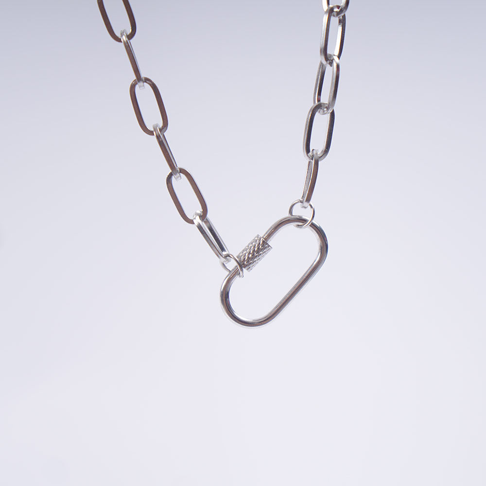 Silver carabiner necklace: paperclip chain with an oval screw-lock carabiner