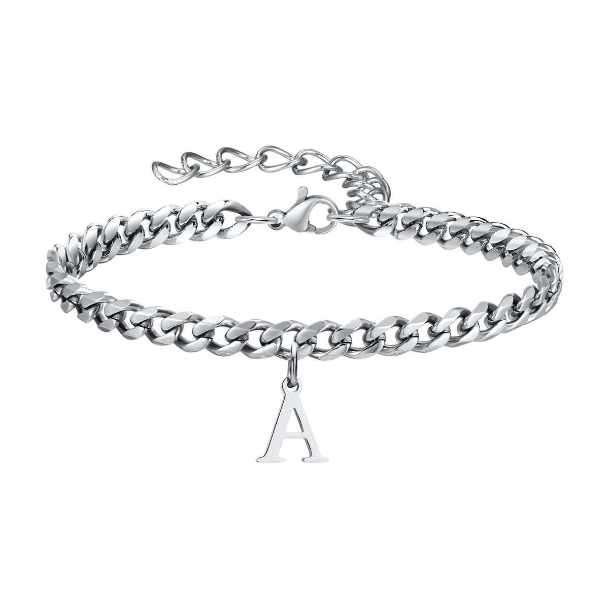 Silver Cuban link initial bracelet with the letter A