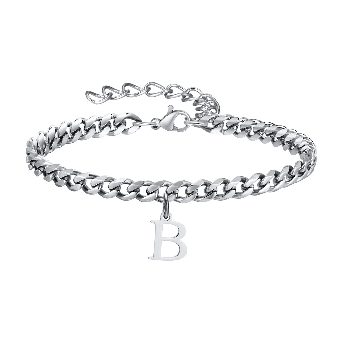 Silver Cuban link initial bracelet with the letter B