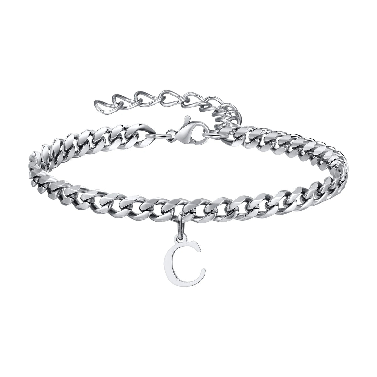 Silver Cuban link initial bracelet with the letter C