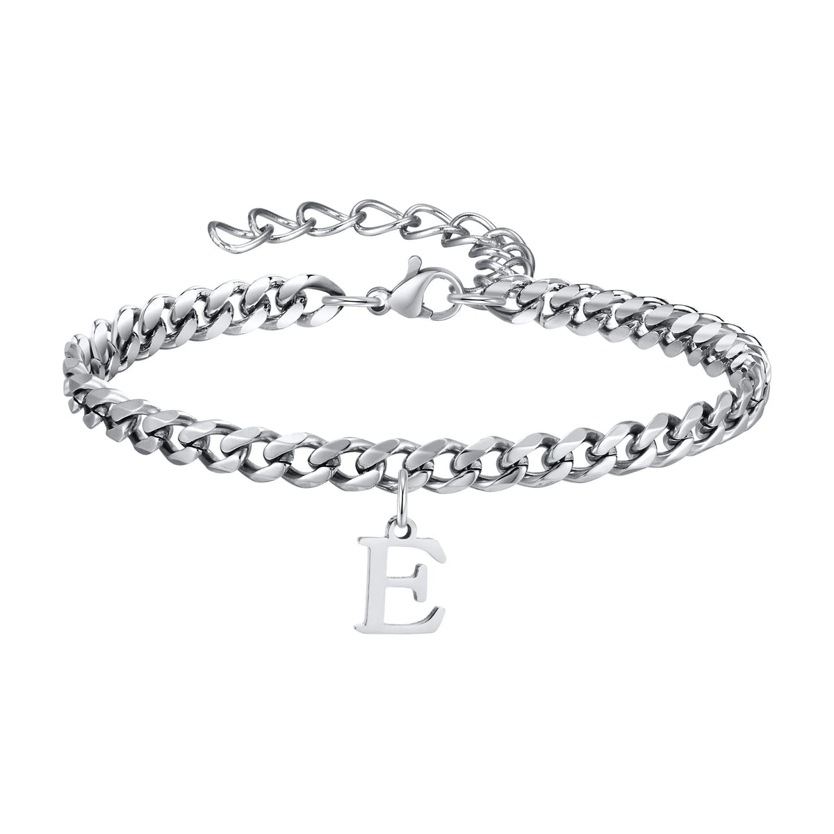 Silver Cuban link initial bracelet with the letter E