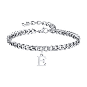 Silver Cuban link initial bracelet with the letter E