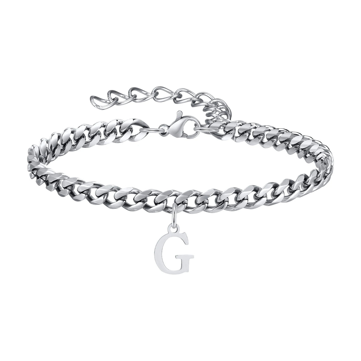 Silver Cuban link initial bracelet with the letter G