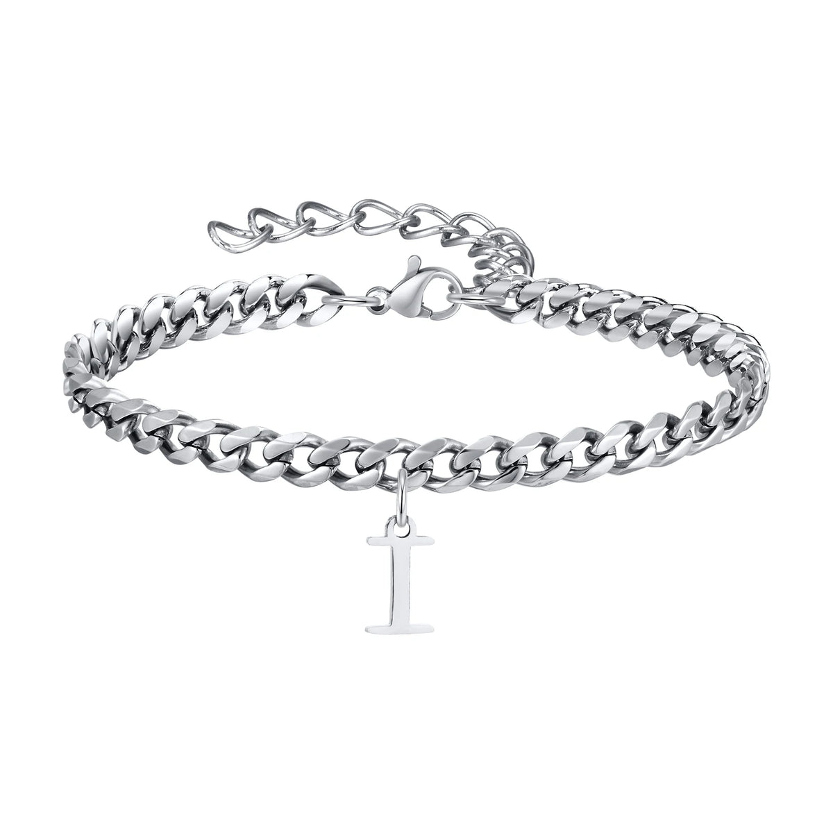 Silver Cuban link initial bracelet with the letter I