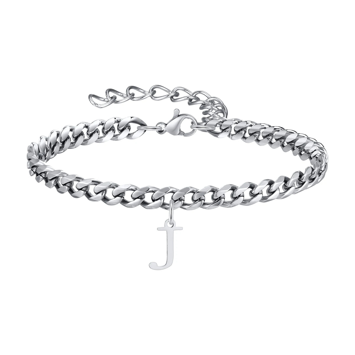 Silver Cuban link initial bracelet with the letter J