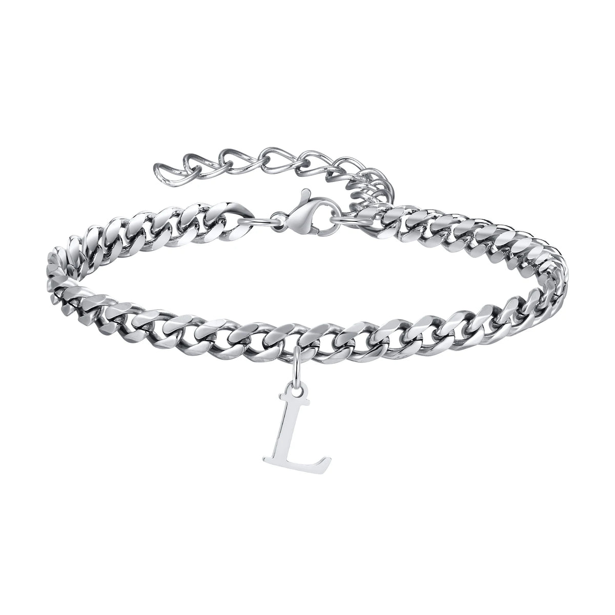 Silver Cuban link initial bracelet with the letter L