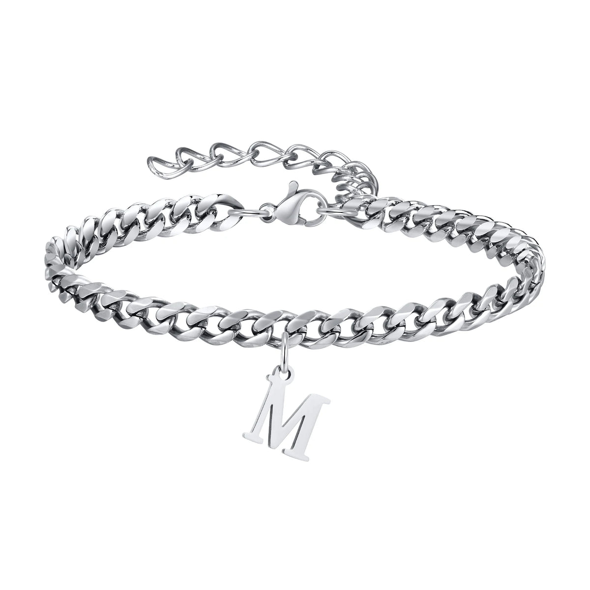 Silver Cuban link initial bracelet with the letter M