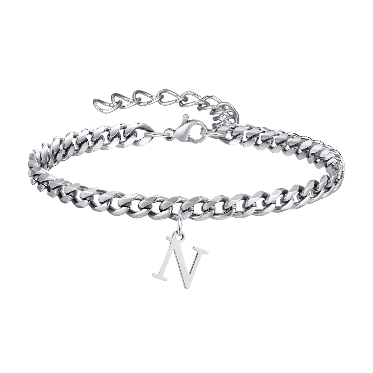 Silver Cuban link initial bracelet with the letter N