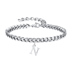 Silver Cuban link initial bracelet with the letter N